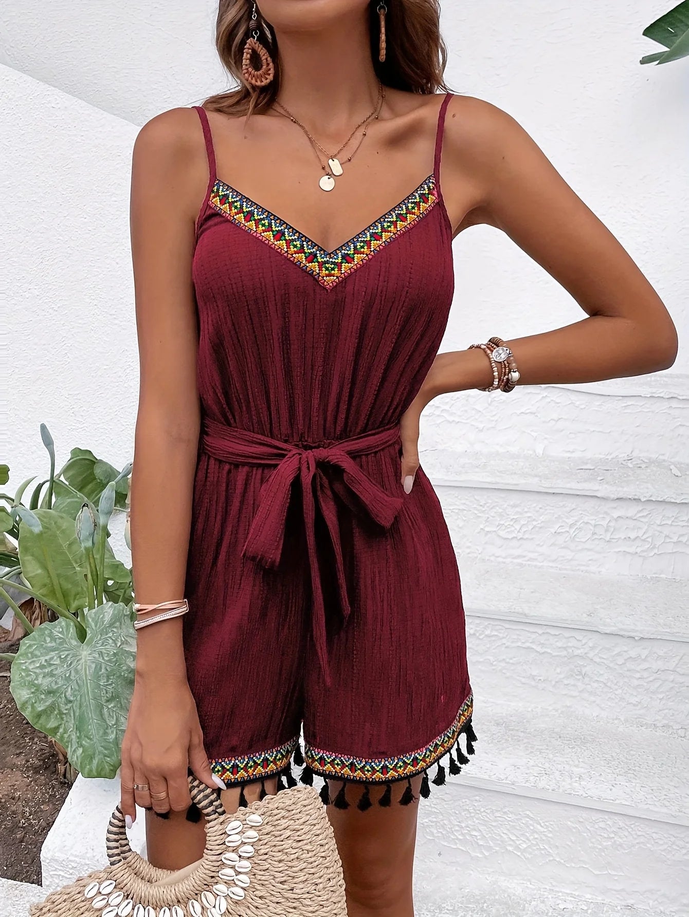Burgundy Tassel Jumpsuit