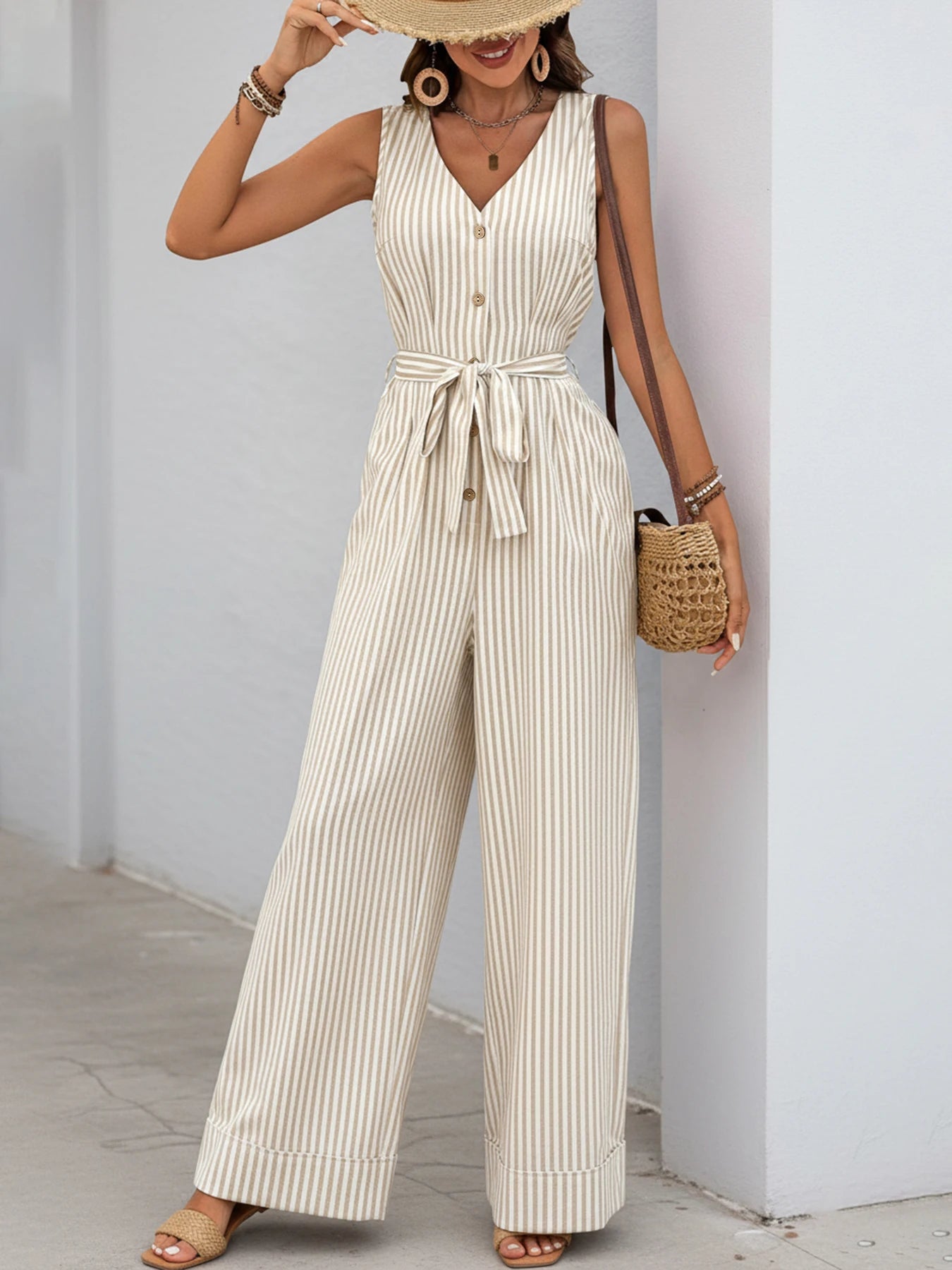 Striped V-Neck Sleeveless Jumpsuit