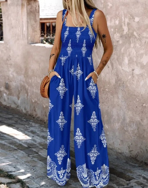 Wide-Leg Printed Jumpsuit with Pockets